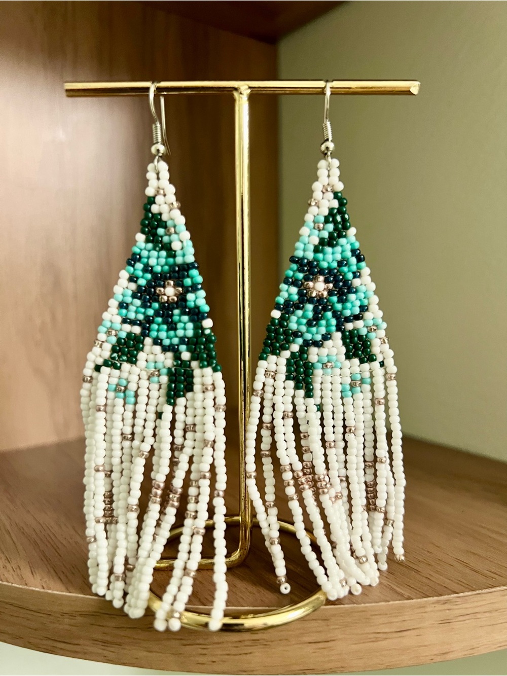 Handmade White & Teal Beaded Fringe Earrings